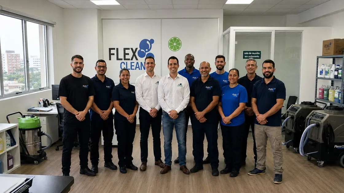 Equipe da Flex Clean reunida com os equipamentos de higienização na sede da empresa