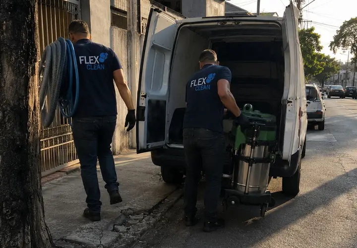 Equipe da Flex Clean carregando equipamento de extração no veículo da empresa