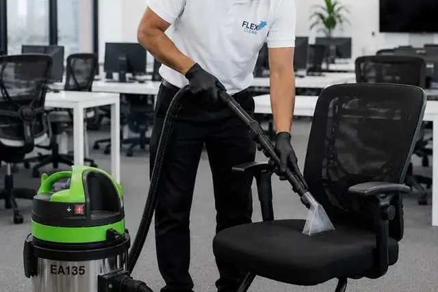 Bocal do equipamento profissional aspirando o assento de uma cadeira de escritório