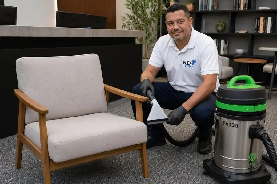 Técnico da Flex Clean ao lado de uma poltrona higienizada, limpa e seca