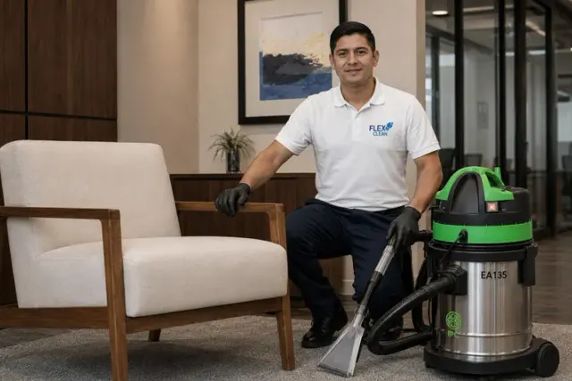 Técnico da Flex Clean com equipamento de extração ao lado de uma poltrona higienizada