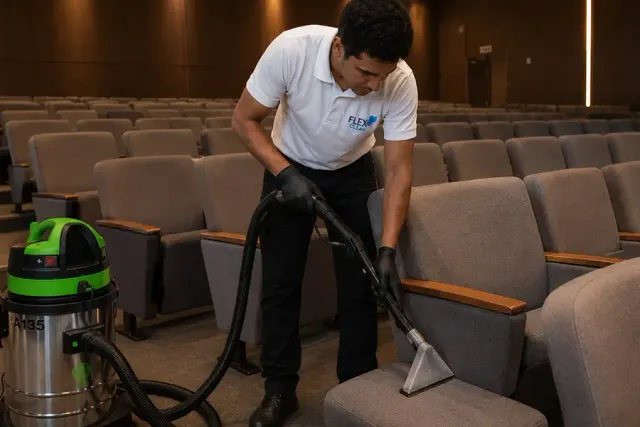 Técnico da Flex Clean higienizando cadeiras de auditório com extratora profissional