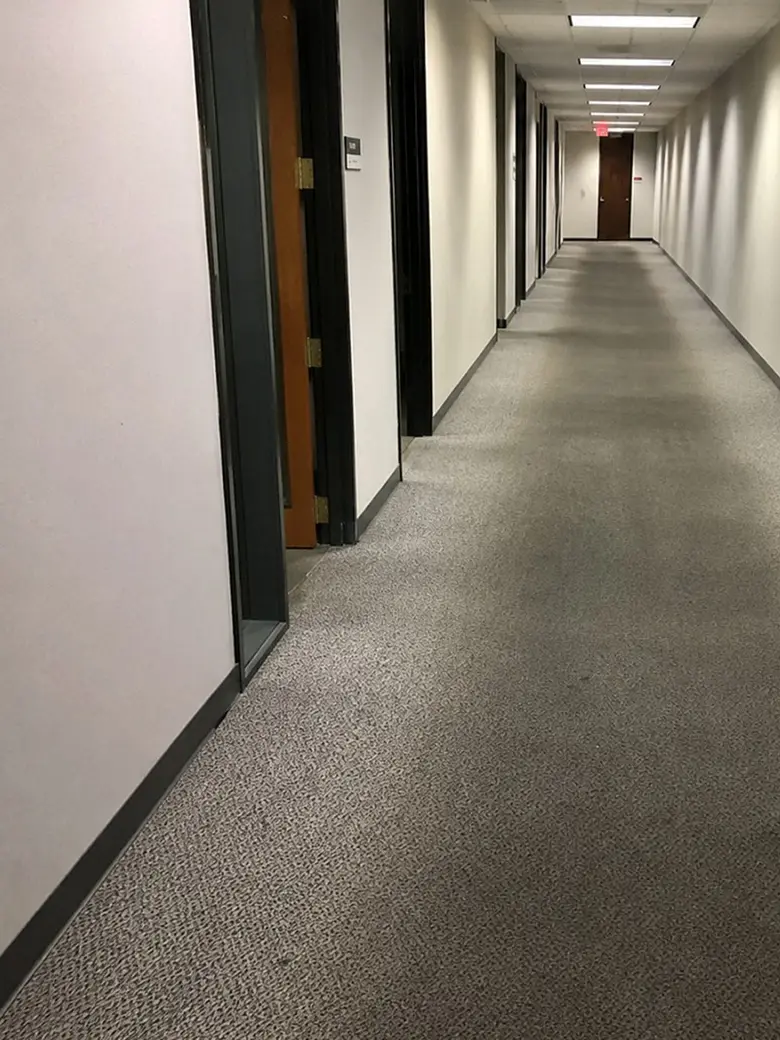 Corredor de escritório com carpete higienizado pela Flex Clean
