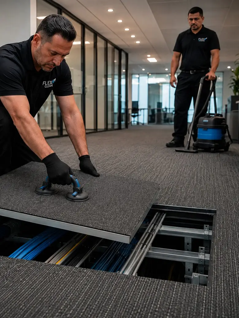 Técnico da Flex Clean removendo placa de piso elevado com carpete