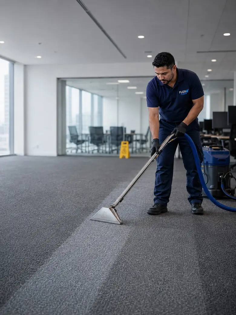 Técnico da Flex Clean higienizando carpete de sala corporativa vazia