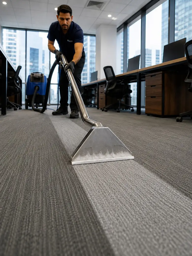 Técnico da Flex Clean extraindo água do carpete de um escritório corporativo
