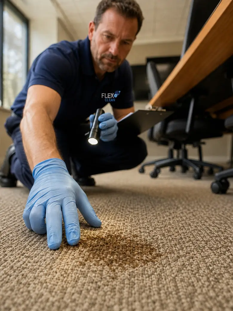 Profissional da Flex Clean inspecionando mancha em carpete corporativo