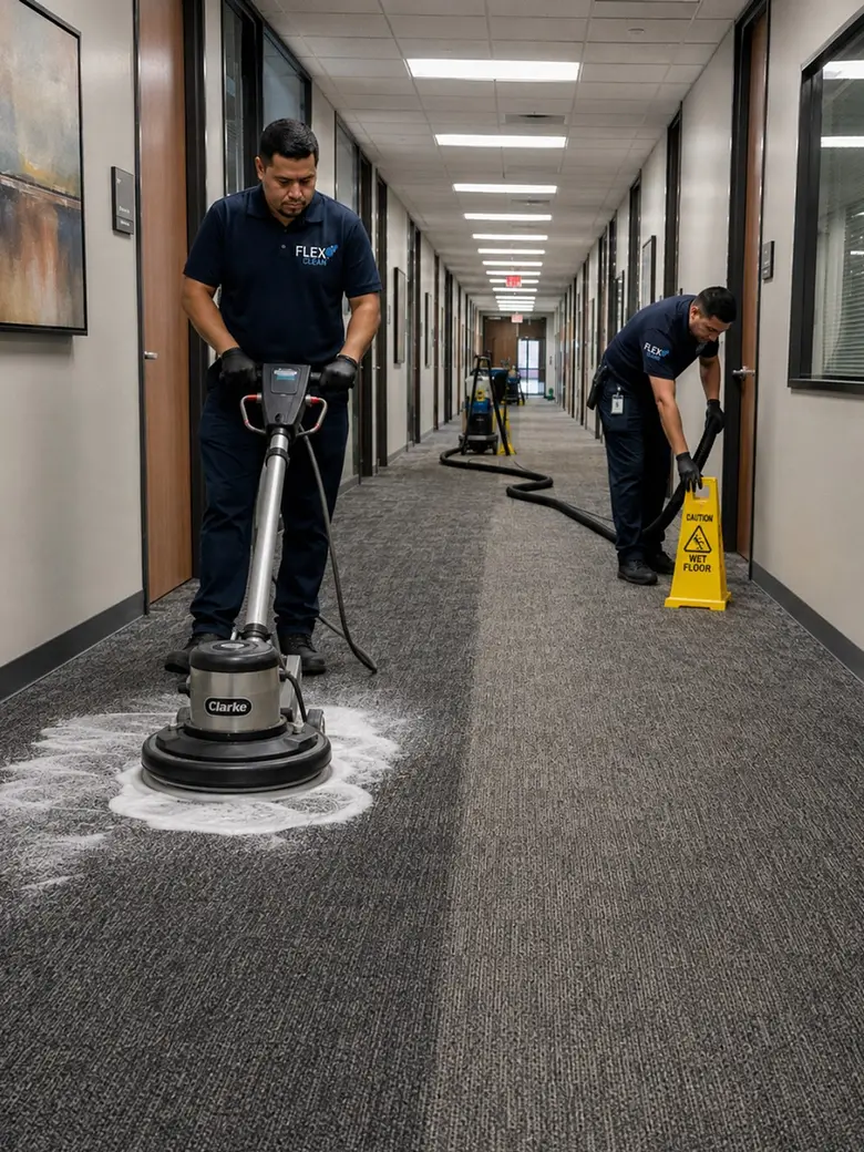 Técnico da Flex Clean usando enceradeira em carpete de corredor corporativo