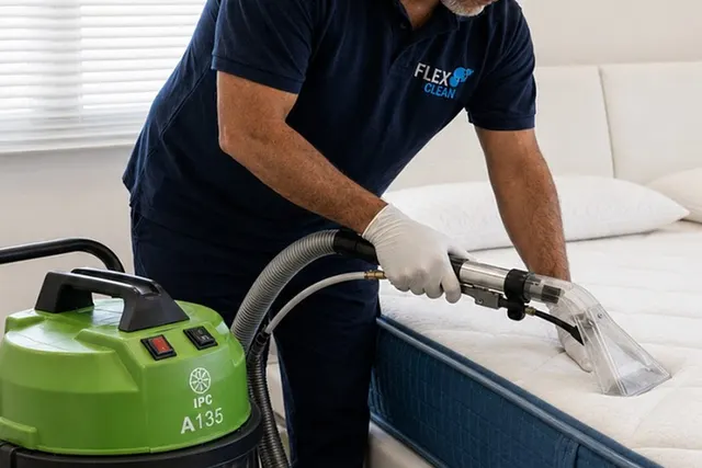 Extratora profissional da Flex Clean sugando a sujeira de dentro de um colchão