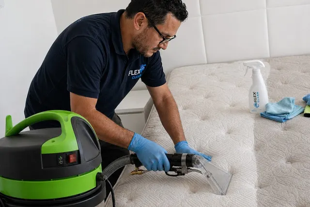 Técnico da Flex Clean aplicando produto específico sobre a mancha de um colchão