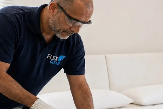 Profissional da Flex Clean higienizando os travesseiros junto com o colchão