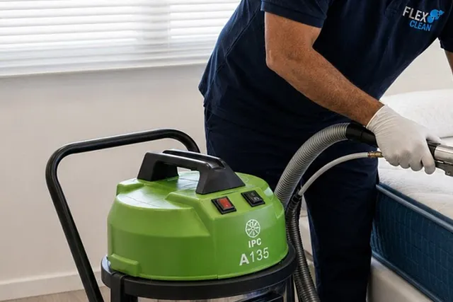 Equipamento de extração da Flex Clean em uso no tratamento de um colchão