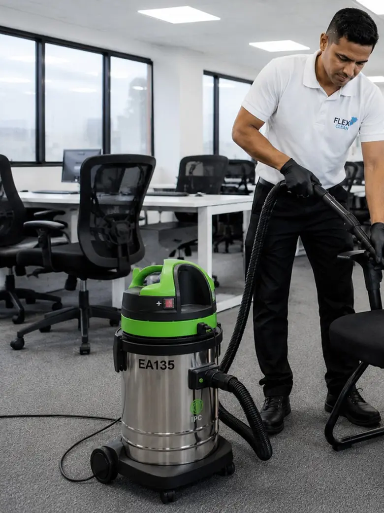 Técnico da Flex Clean higienizando cadeiras de escritório em ambiente corporativo