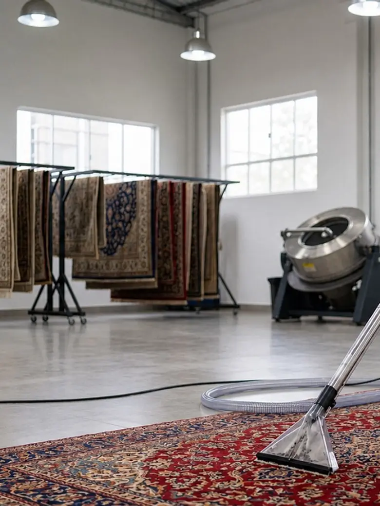 Técnico da Flex Clean fazendo extração de água em tapete na lavanderia