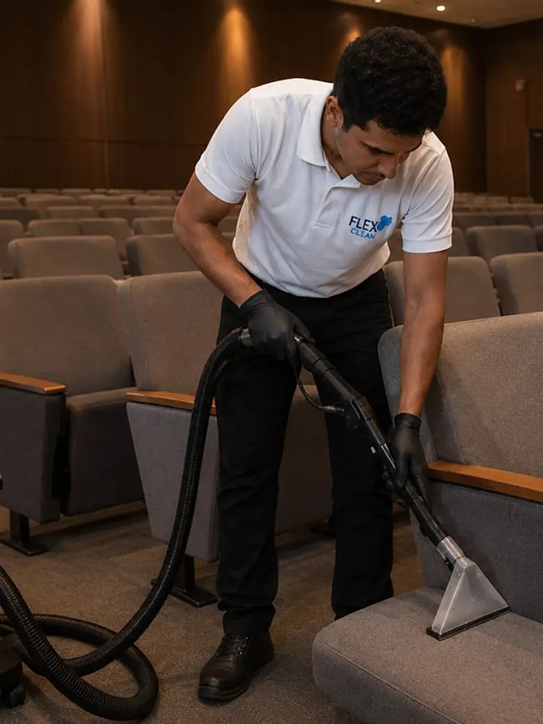 Técnico da Flex Clean higienizando poltronas de auditório