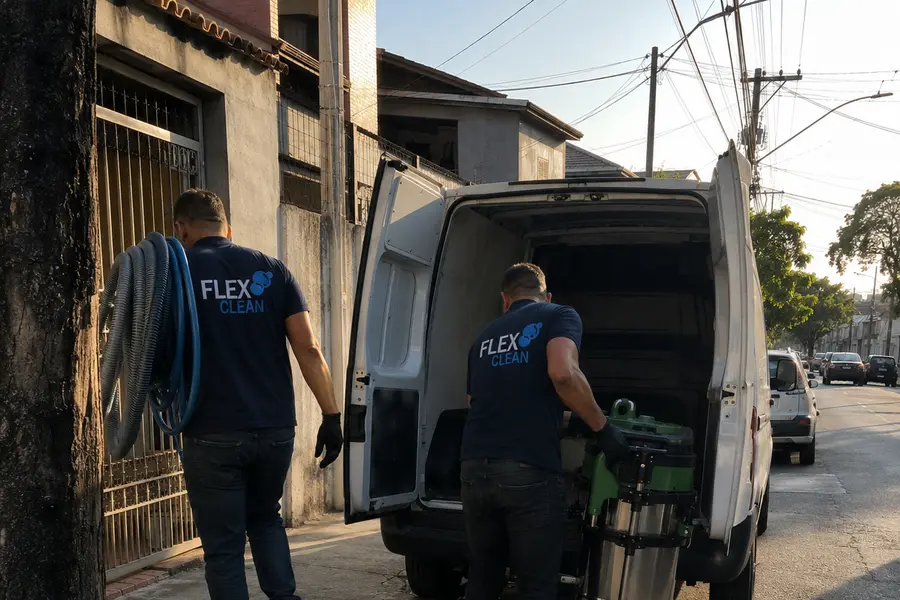 Equipe da Flex Clean carregando o equipamento na van antes de sair para os atendimentos
