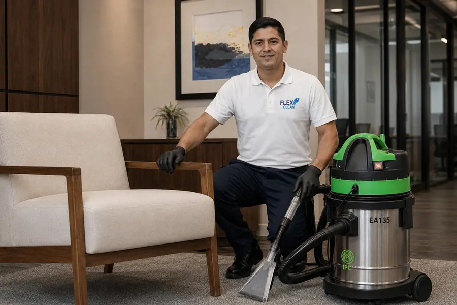 Profissional uniformizado da Flex Clean ao lado da poltrona higienizada e do equipamento