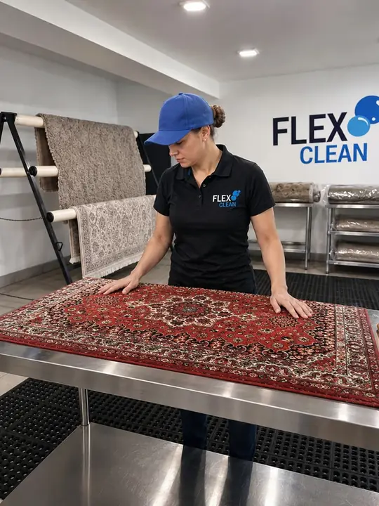 Profissional da Flex Clean avaliando um tapete persa na bancada da lavanderia