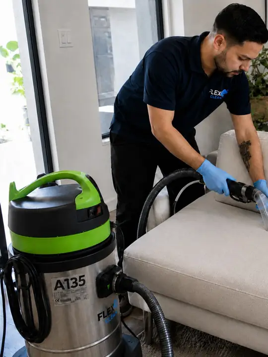 Técnico da Flex Clean aplicando o produto indicado no tecido de um sofá claro