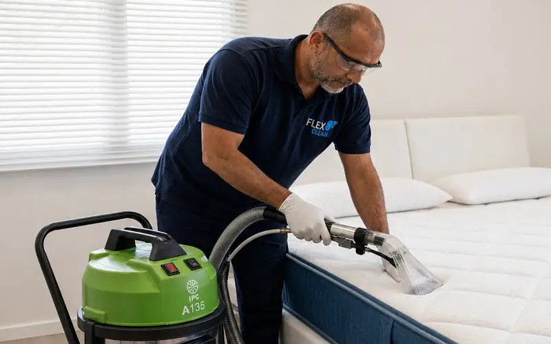 Técnico da Flex Clean higienizando um colchão sobre base box com extratora profissional