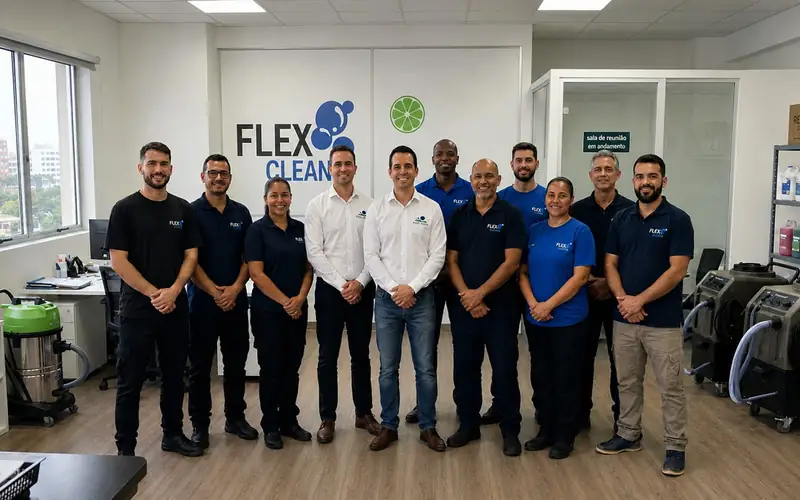 Equipe da Flex Clean reunida na sede da empresa em São Paulo