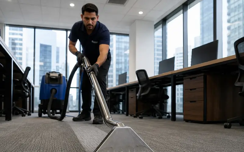 Técnico da Flex Clean lavando o carpete de um escritório com extratora profissional
