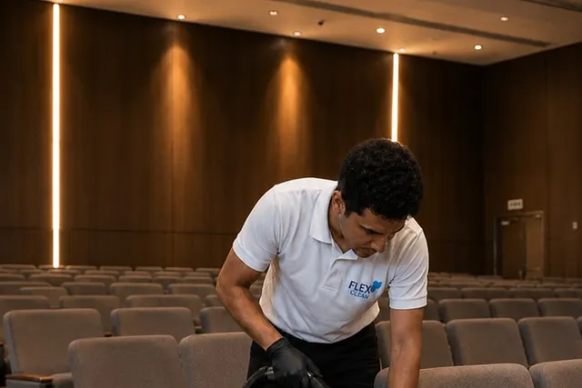 Técnico da Flex Clean extraindo a sujeira do assento de uma poltrona de auditório