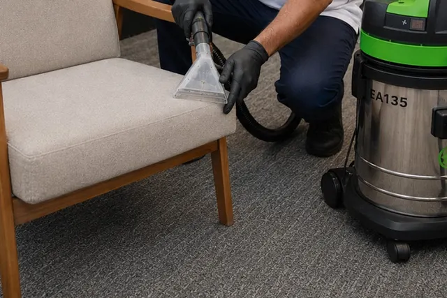 Close do bocal do equipamento profissional aplicando o pré-tratamento no assento de uma poltrona