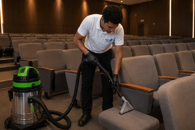 Técnico da Flex Clean higienizando poltronas de auditório com extração profissional