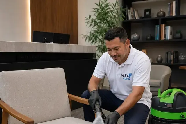 Técnico da Flex Clean aplicando o tratamento no assento de uma poltrona