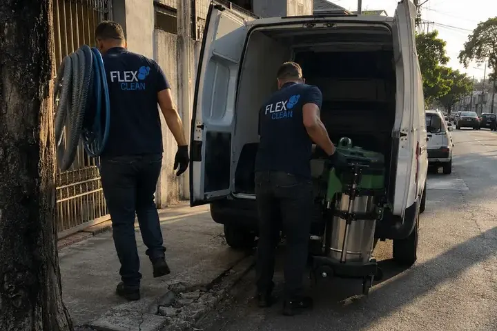 Equipe da Flex Clean embarcando os equipamentos de extração na van da empresa