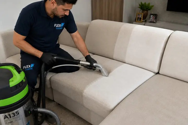 Técnico da Flex Clean higienizando o assento de um sofá de canto