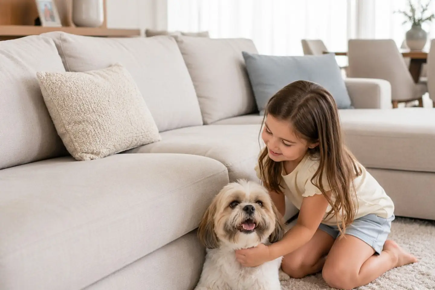 Criança brincando com um cachorro ao lado de um sofá higienizado