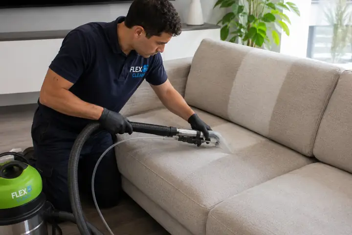 Técnico da Flex Clean higienizando um sofá de tecido delicado
