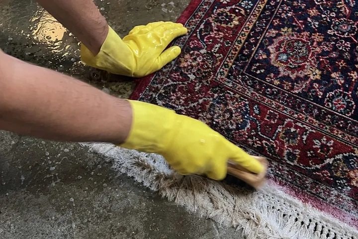 Escovação manual com luva das franjas de um tapete persa durante a lavagem