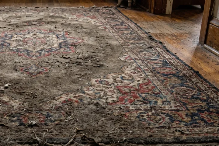 Tapete persa com o desenho apagado pela sujeira acumulada na fibra
