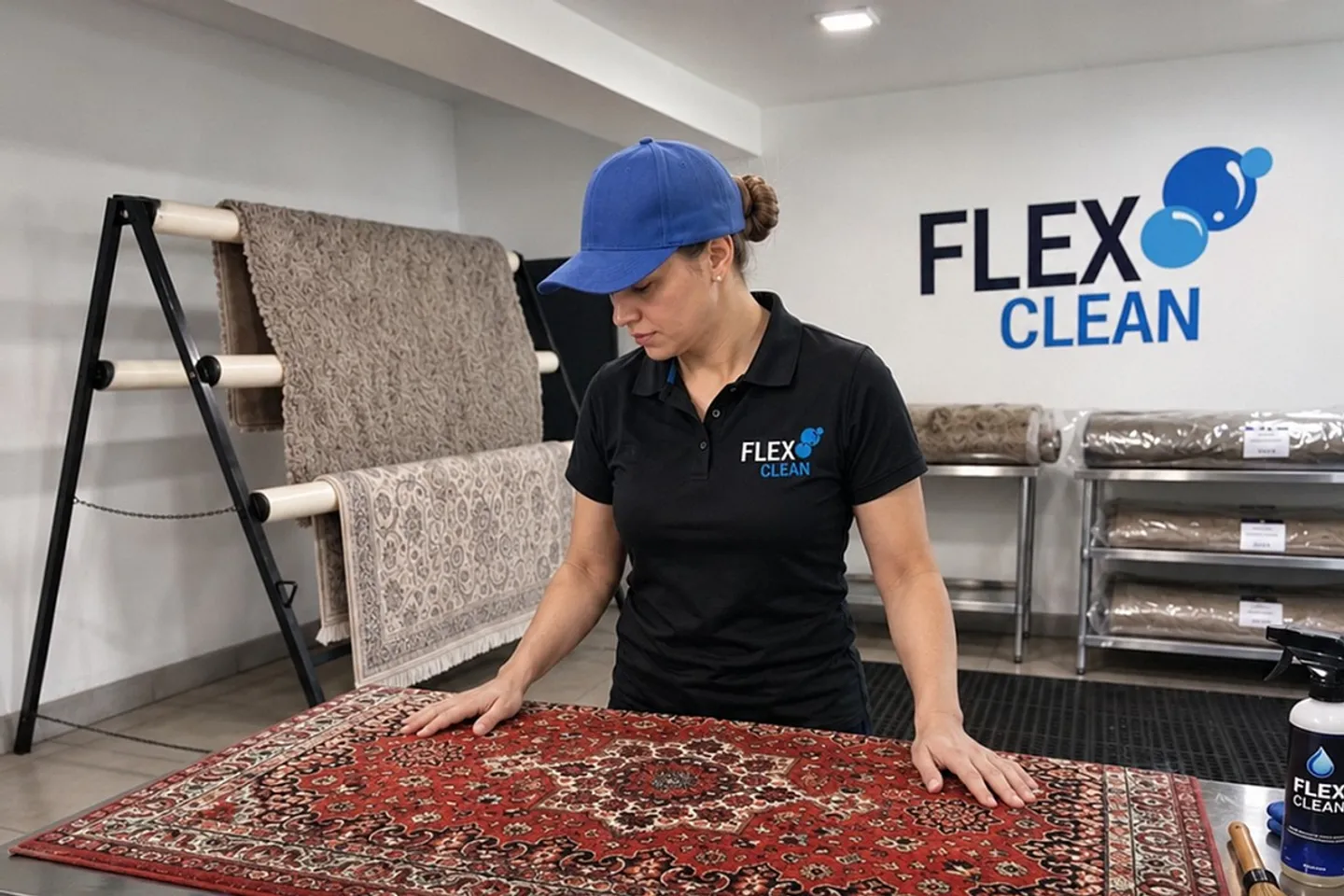 Profissional da Flex Clean avaliando um tapete persa na bancada da oficina