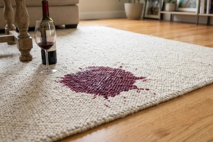 Mancha de vinho derramada sobre um tapete claro, ao lado da garrafa