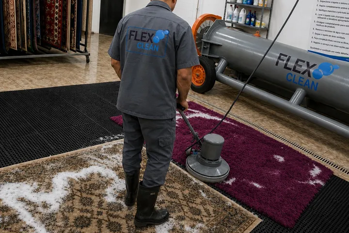 Técnico da Flex Clean aplicando espuma de pré-tratamento com máquina rotativa