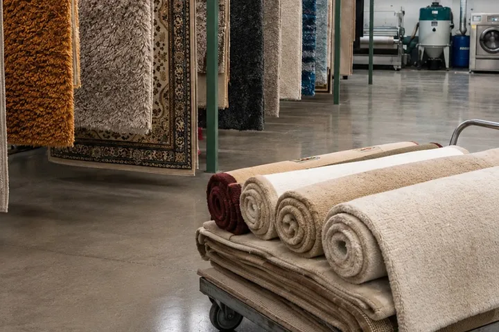 Tapetes lavados e enrolados na oficina da Flex Clean, com os equipamentos ao fundo