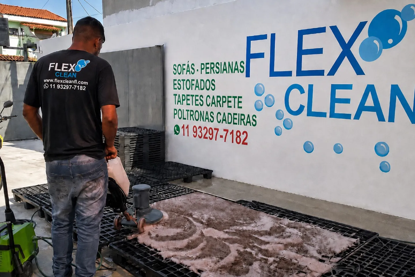 Fachada da oficina da Flex Clean com técnico lavando um tapete na área externa