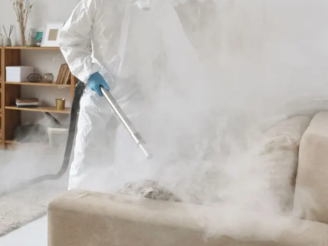 Profissional com equipamento de proteção aplicando nebulização sanitizante sobre um sofá